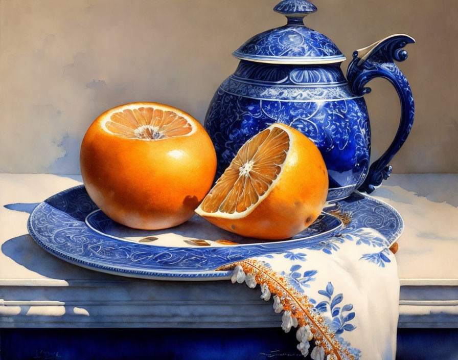 Traditional still life painting with whole and sliced orange on blue and white plate, ornate teapot,