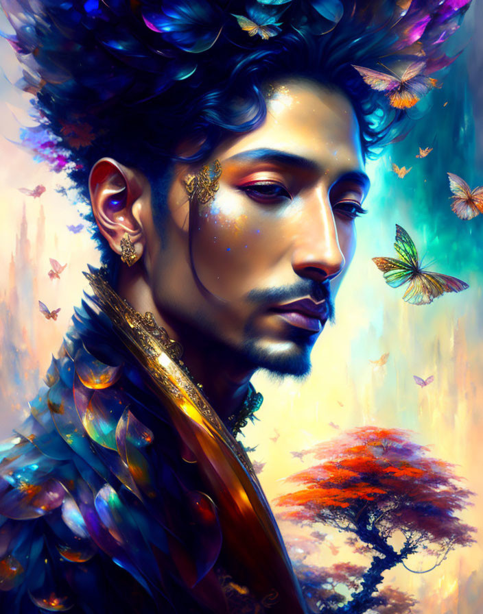 Colorful illustration of man with feathered collar and butterflies on vibrant background