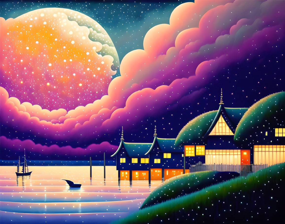 Nighttime scene with glowing moon, colorful clouds, lit houses by the sea, small boat, star