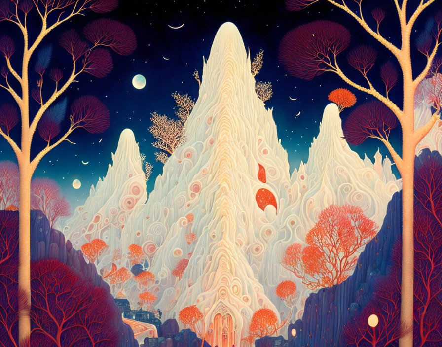 Whimsical landscape with snowy peaks, autumnal trees, and multiple moons.