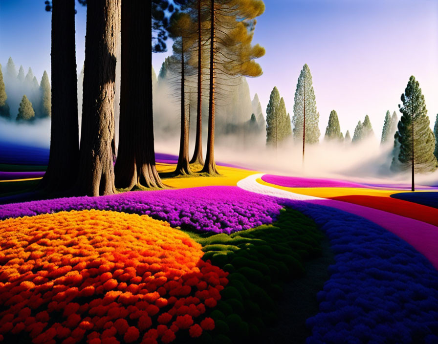 Colorful flowerbeds and trees in misty forest setting with purple path and shadows.