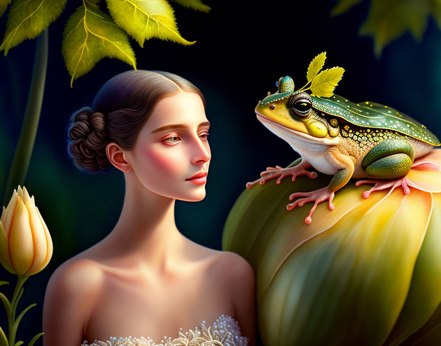 Woman with frog on flower in dark background