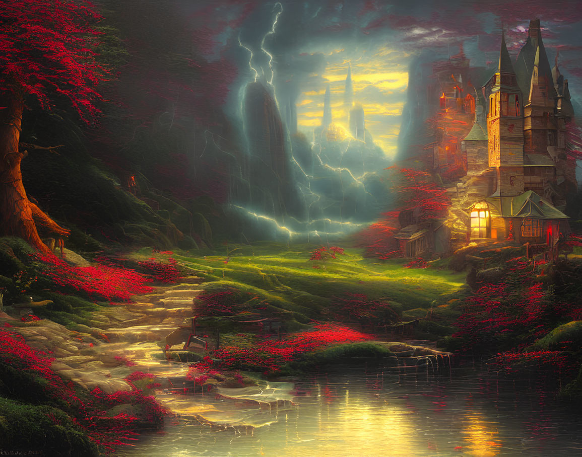 Fantasy landscape with castle, house, red foliage, stream, and lightning strikes