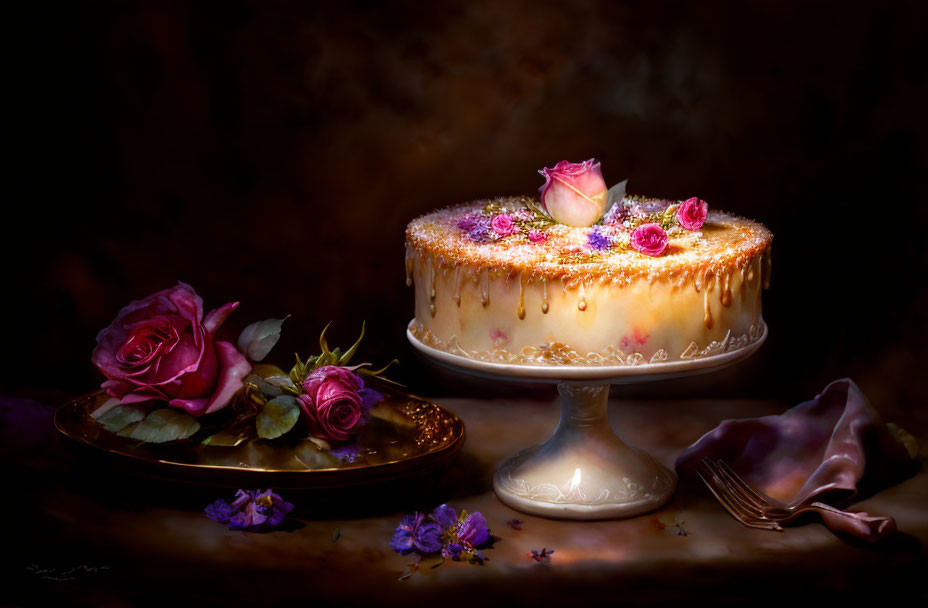 Elaborately decorated cake with dripping icing and edible flowers on dark background