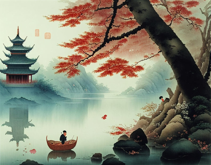 Asian Pagoda, Cherry Blossoms, Lake, Rowing Boat in Misty Scene