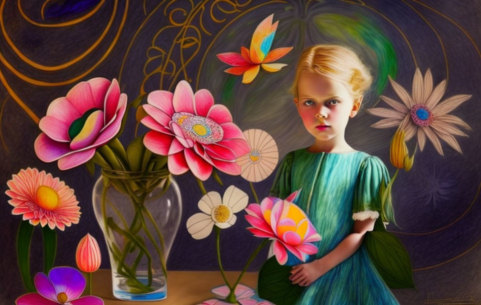 Colorful Flower Painting Featuring Young Girl in Whimsical Style