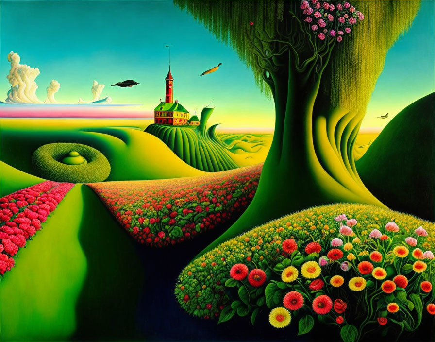 Vibrant Flora and Lighthouse in Surreal Landscape