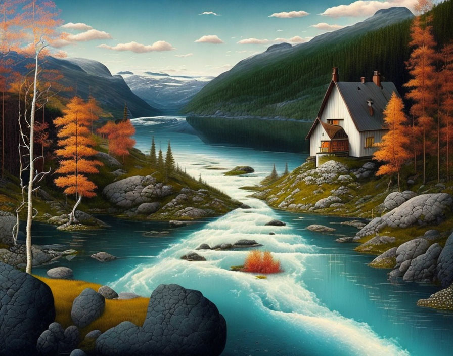 Solitary House by Vibrant Blue River in Autumn Forest