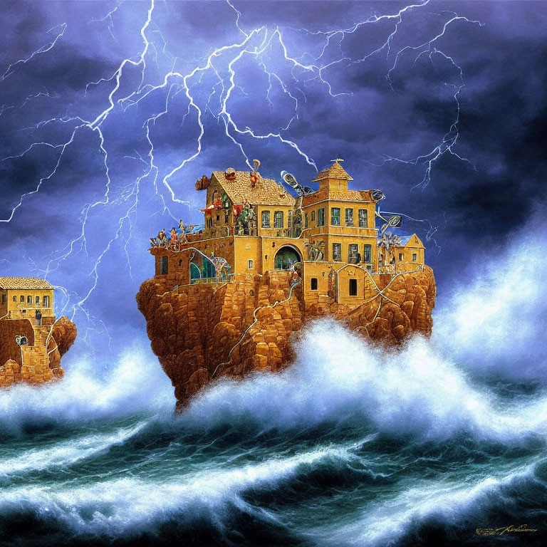 Whimsical house on cliff with stormy seas and lightning.