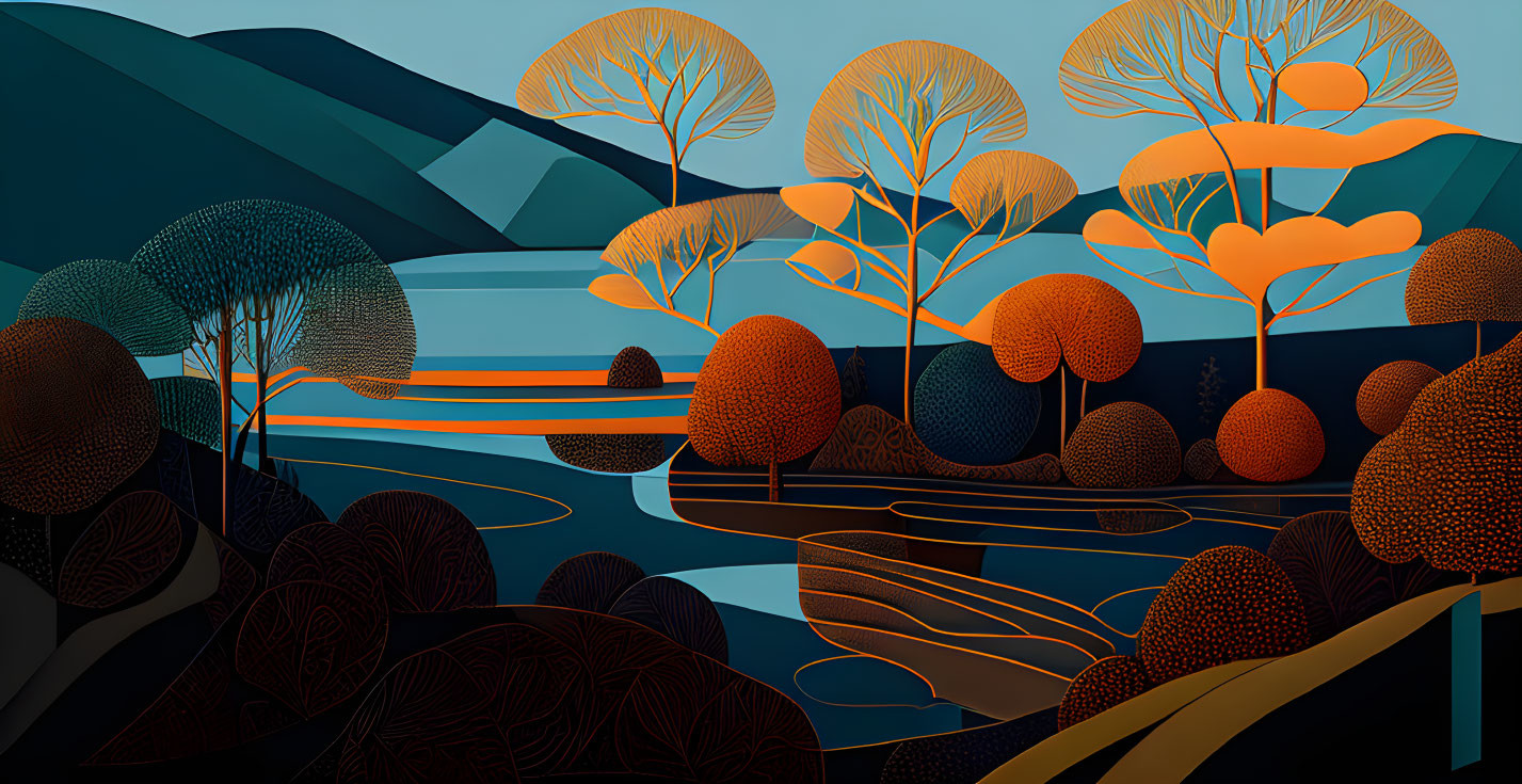 Geometric Landscape Art in Blue, Orange, and Brown