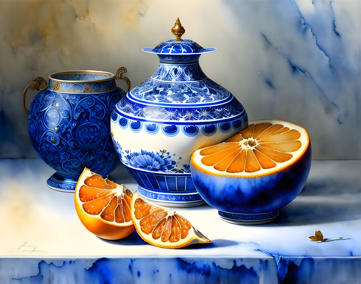 Ornate blue and white porcelain vases with vibrant orange on marble surface