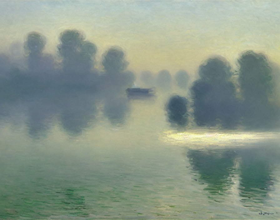 Misty river scene with reflective water and trees, featuring a small boat.