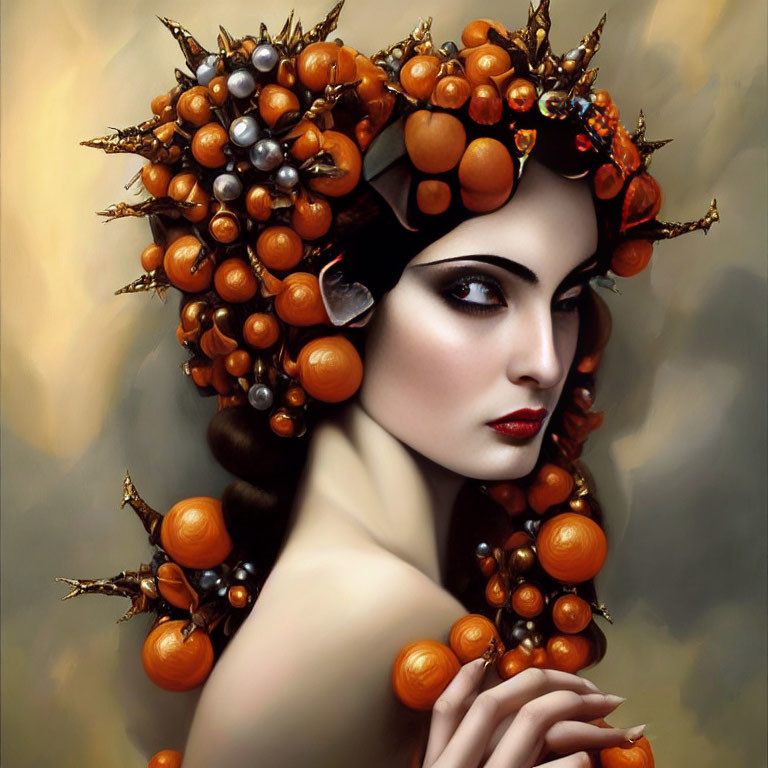 Woman with dramatic makeup in ornate autumnal fruit headdress