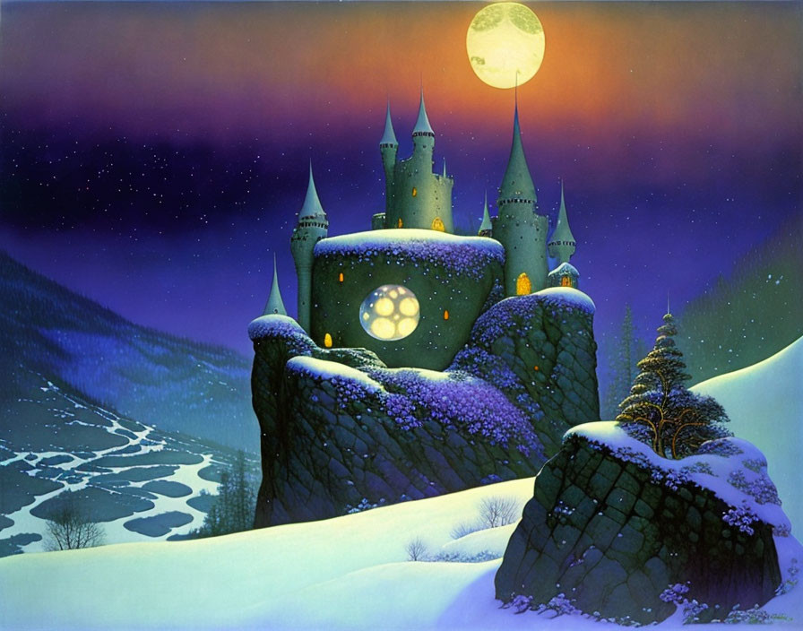 Snowy cliff castle under starry sky with full moon and frozen river