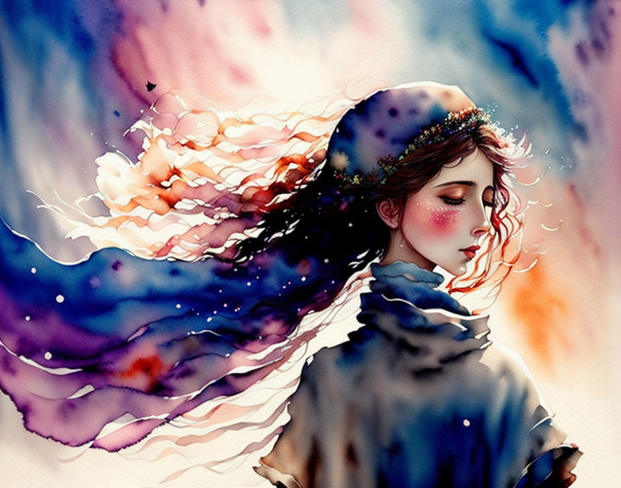 Colorful Scarf Woman Illustration on Abstract Watercolor Background