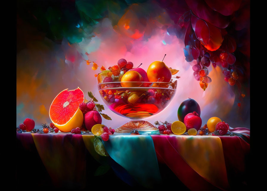 Colorful fruit bowl with oranges, berries, and grapes against dreamlike backdrop