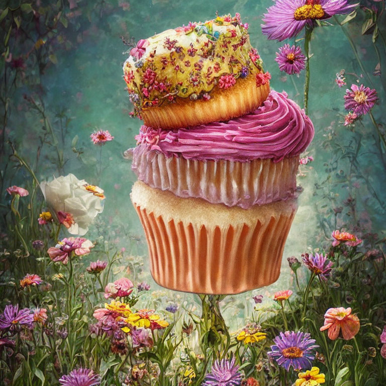 Whimsical cupcake with floral topping among vibrant wildflowers