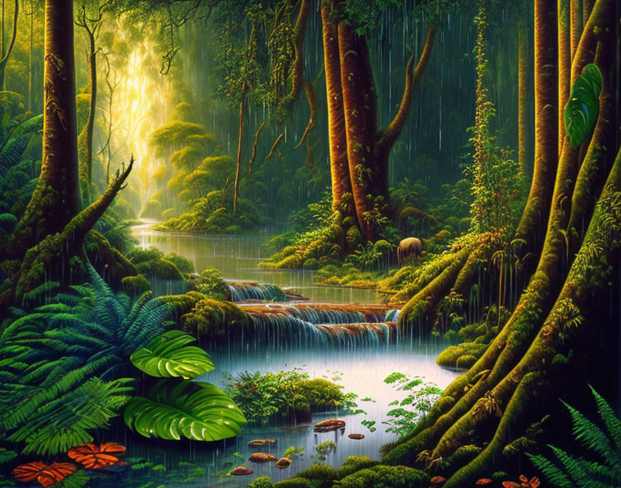 Verdant Rainforest with Waterfalls, Towering Trees, Ferns, and Sunlit River