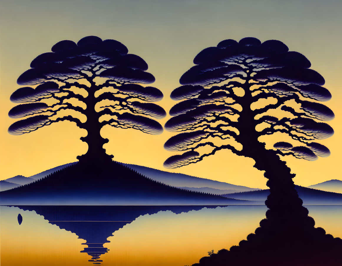 Symmetrical Tree Silhouettes Over Water with Mountain Background