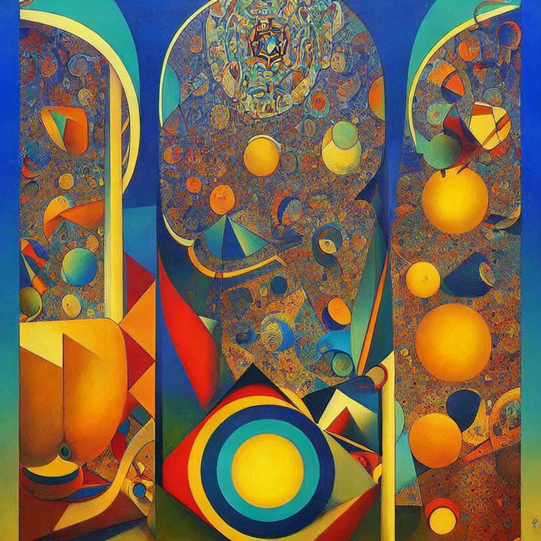 Colorful Abstract Painting with Geometric Shapes and Circular Motif