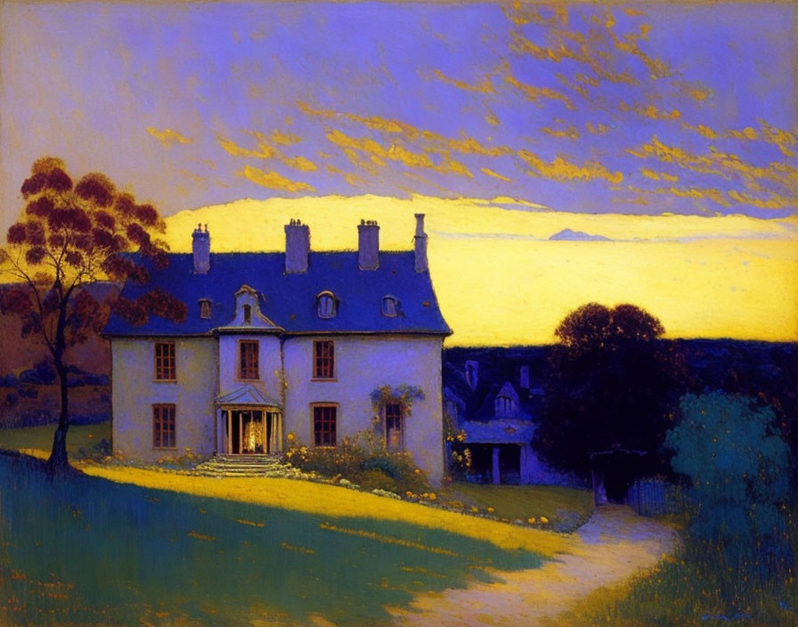 Twilight painting of grand house with vibrant sky & lush greenery