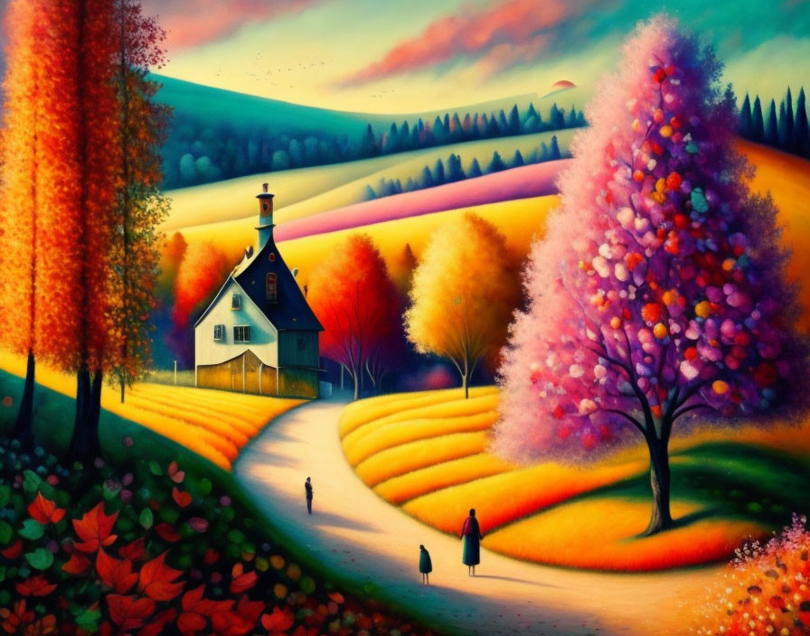 Vibrant surreal landscape with rolling hills, autumn trees, house, and figures walking.