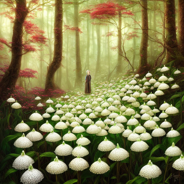 Person standing in mystical forest with white flowers and red-leafed trees in soft fog.