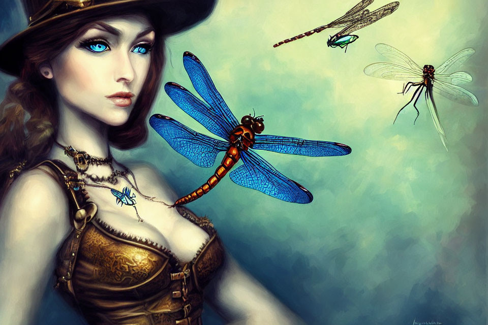 Digital artwork: Woman with blue eyes in steampunk attire with stylized dragonflies