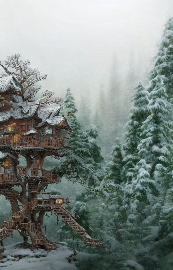 Snow-covered pine forest treehouse in foggy setting