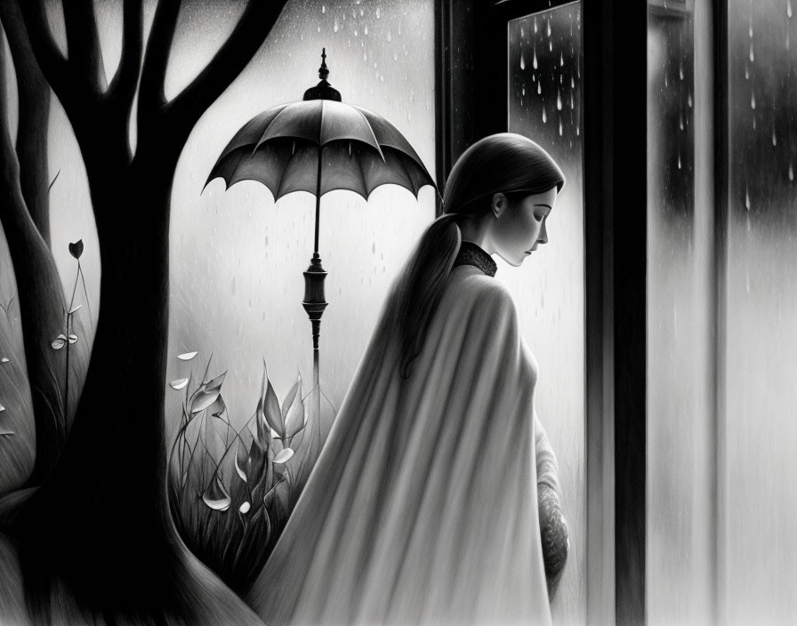 Monochrome illustration of woman with umbrella in rainstorm