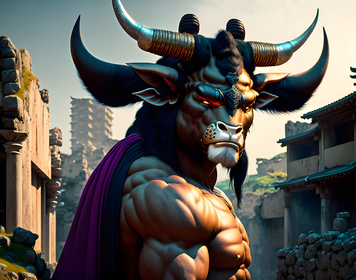 Muscular anthropomorphic bull with purple cape in ancient ruins