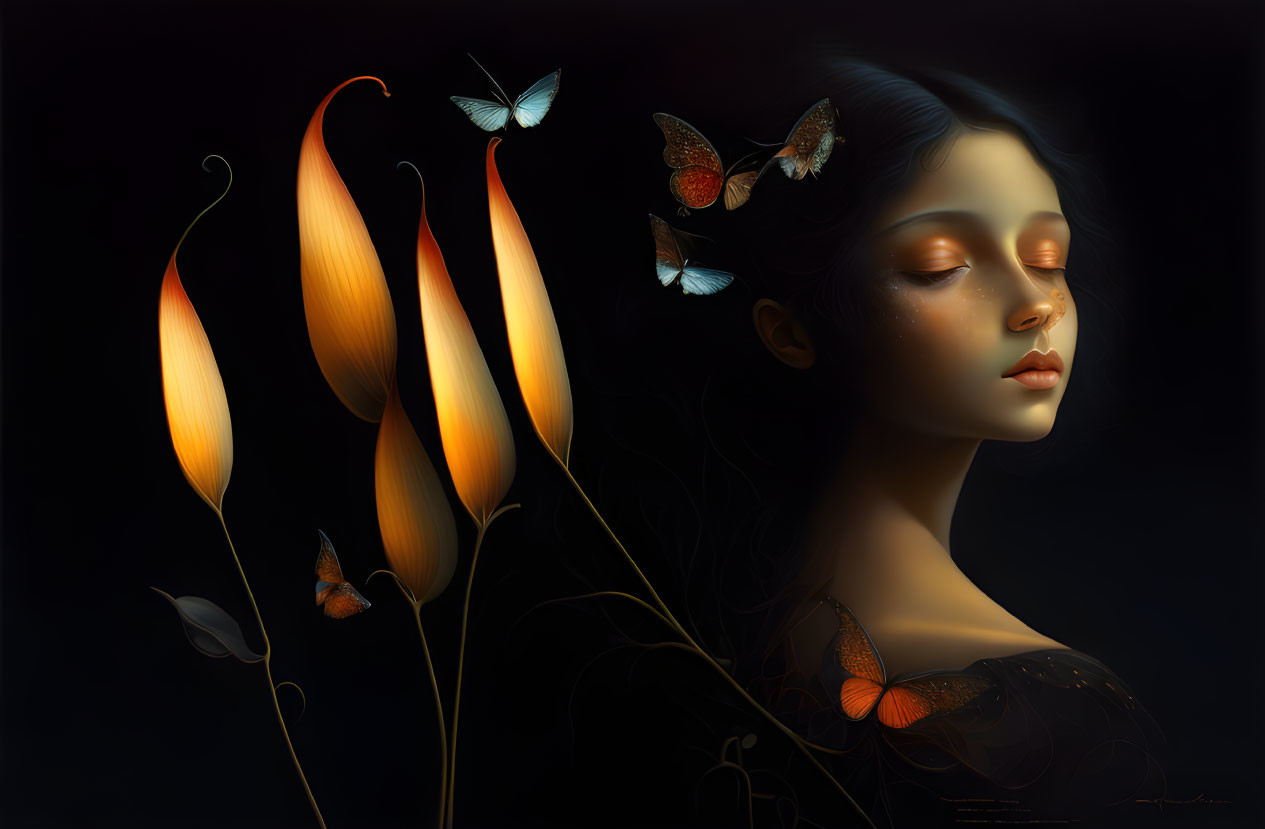 Serene girl with closed eyes among luminous flowers and butterflies