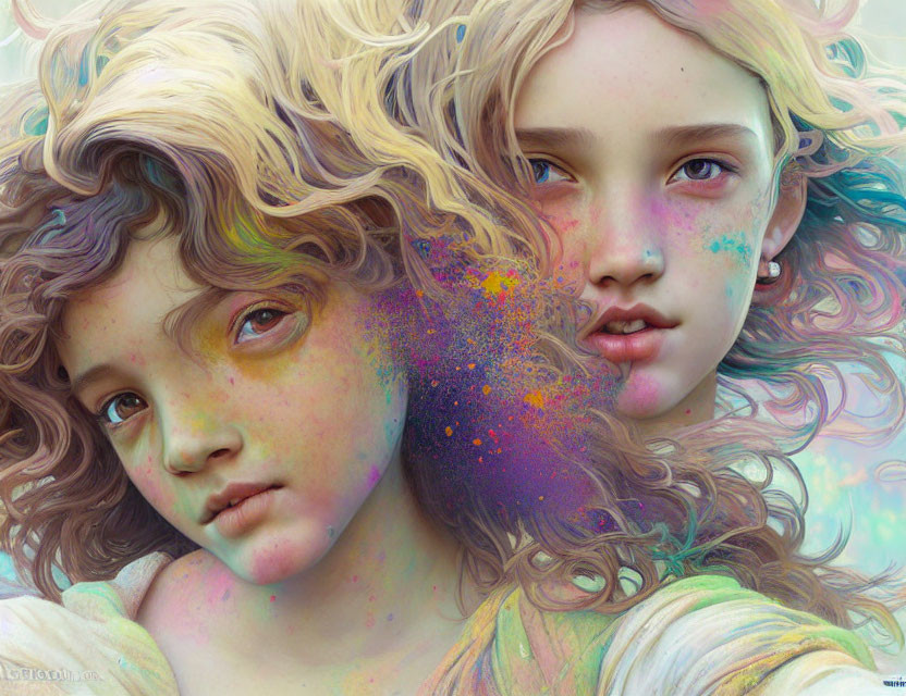 Ethereal young characters with multicolored hair and vibrant skin tones