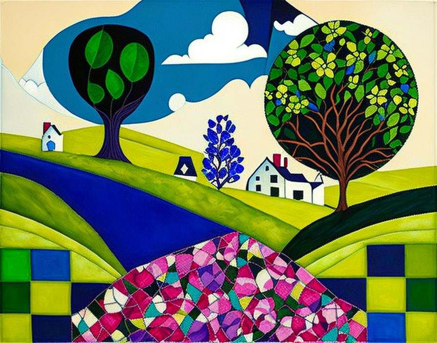 Vibrant landscape painting with geometric patterns of hills, trees, houses, and blue sky