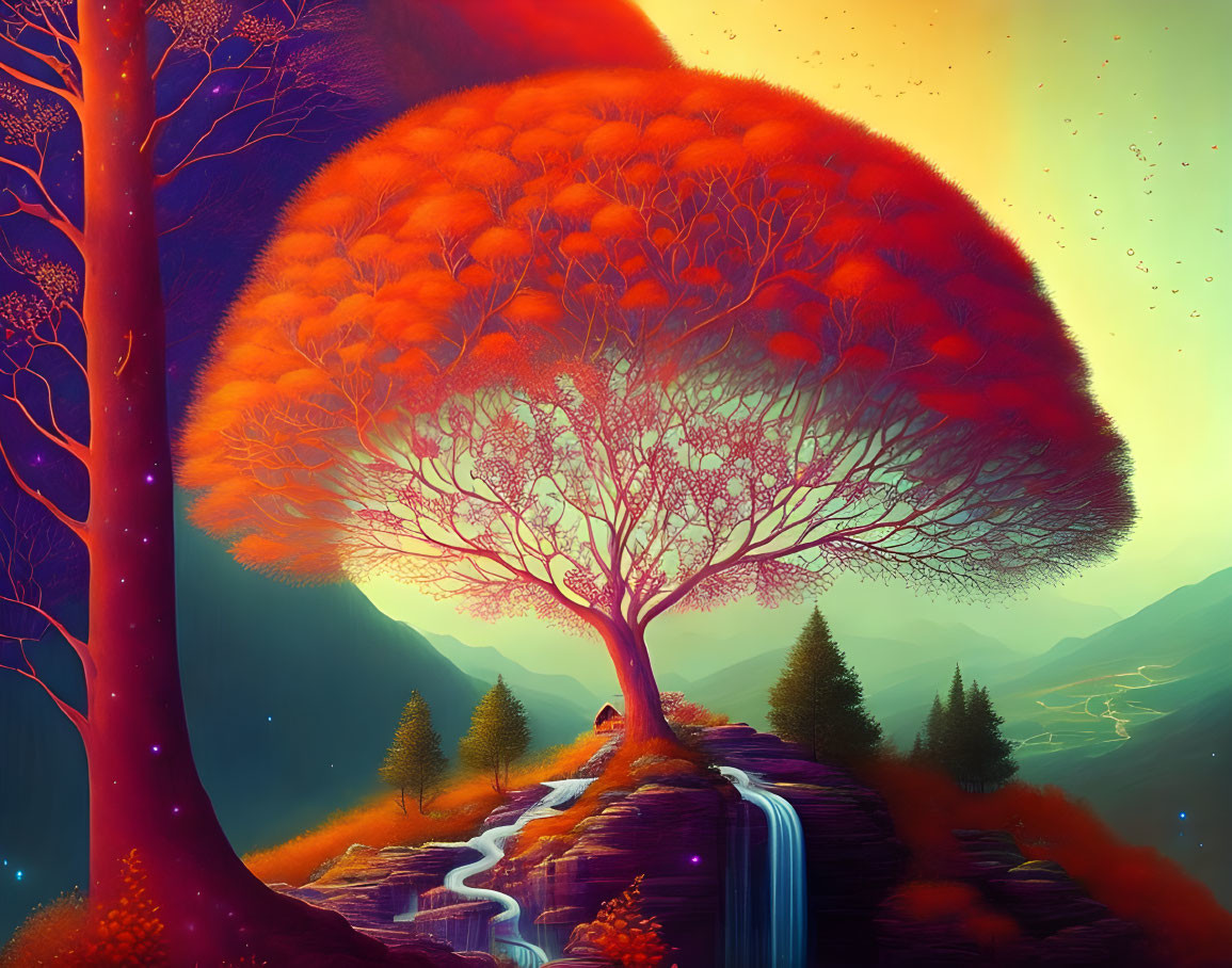 Colorful digital artwork: Fiery-orange tree on waterfall with mystical mountains and purple sky