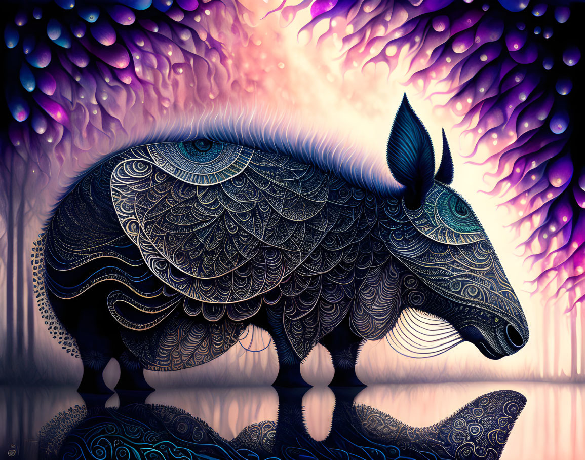 Stylized ornate tapir-like creature with intricate patterns and large eye on vibrant abstract background