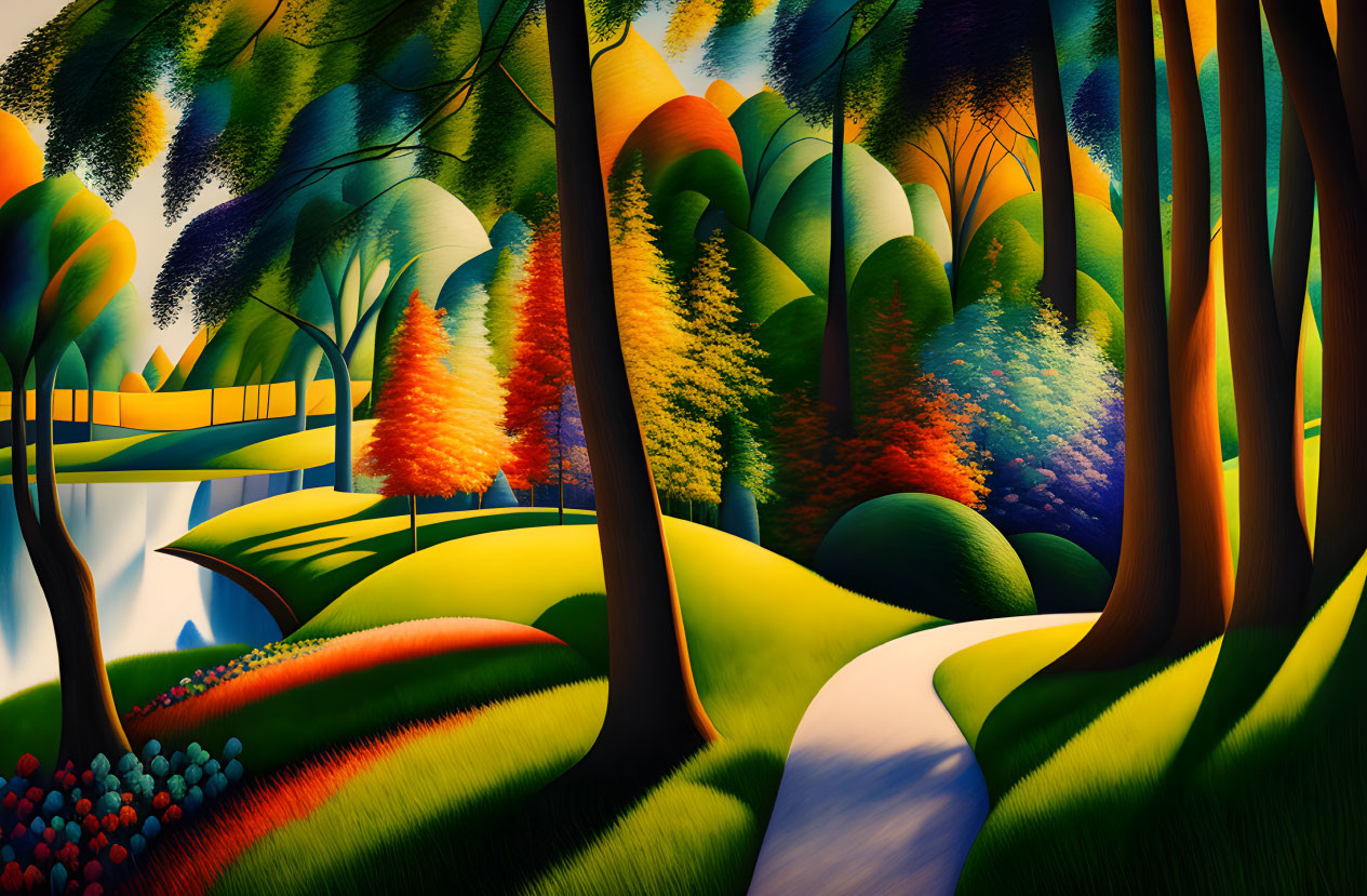 Vibrant stylized landscape with rolling hills and river