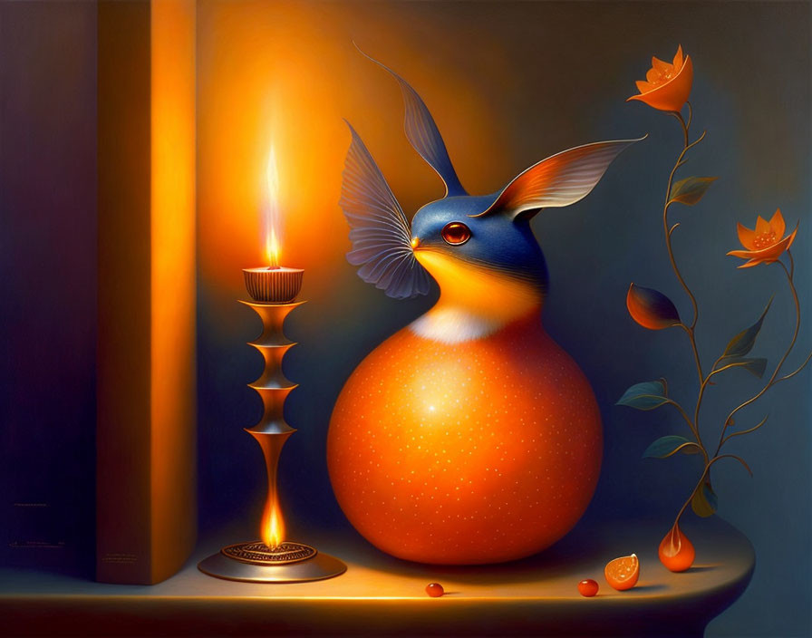 Colorful painting of orange bird creature with flame, candle, leaves, and berries