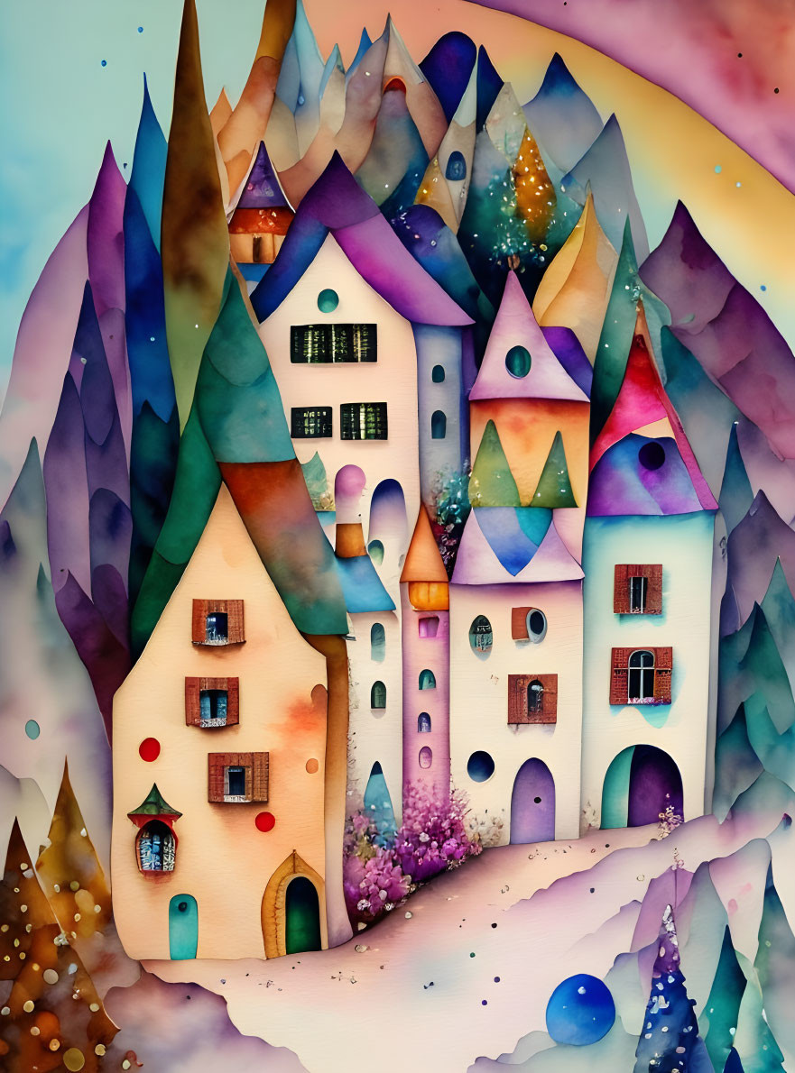 Colorful Watercolor Painting of Fantastical Village and Rainbow Sky