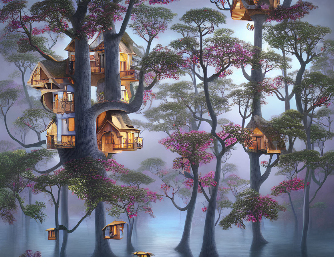 Intricate Fantasy Treehouses Among Pink Blossoms and Misty Waters