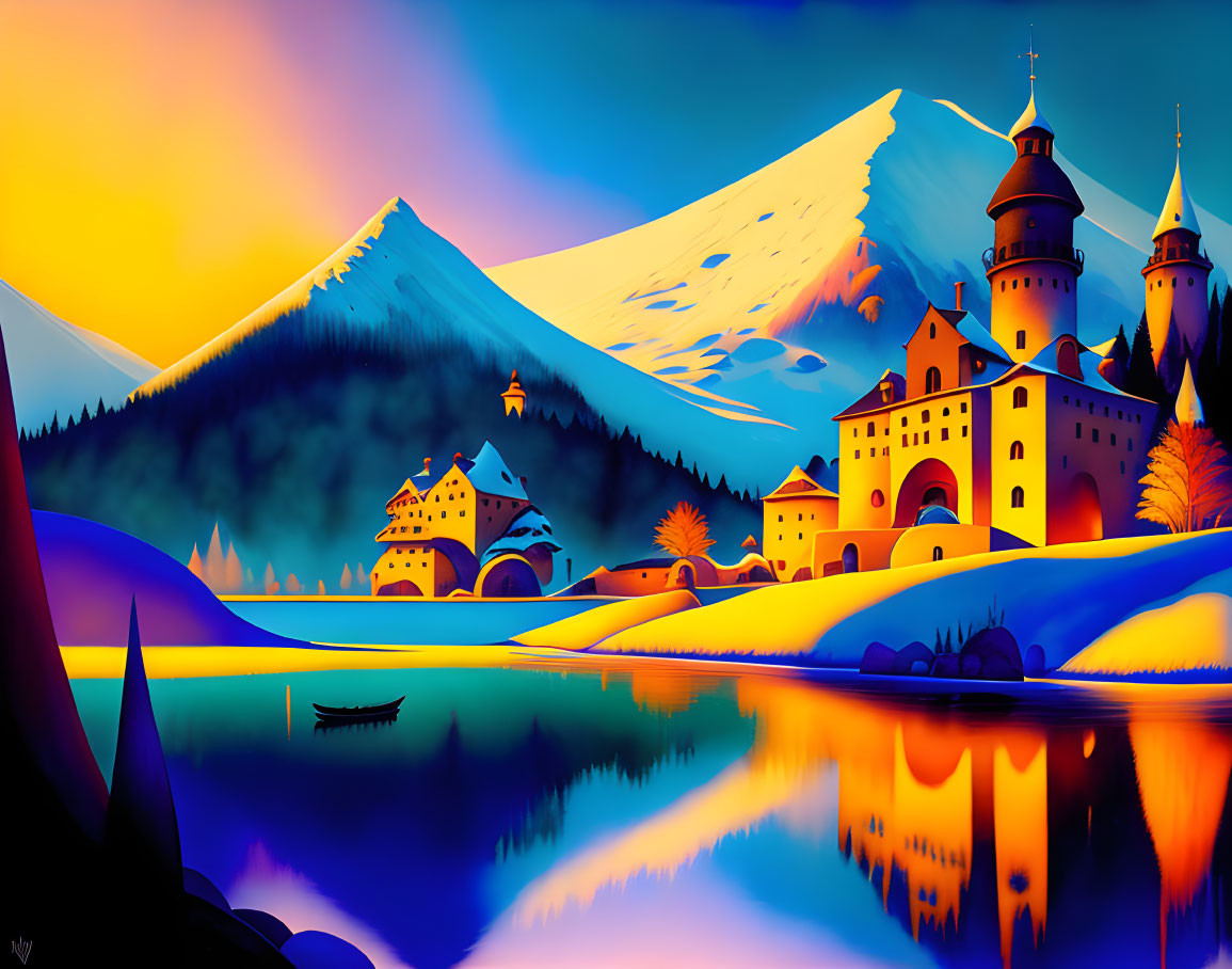 Fantasy landscape with castles, lake, trees, and mountains at dusk