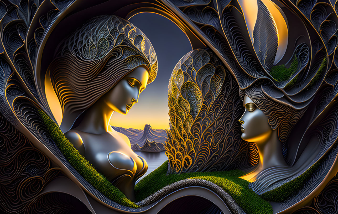 Surreal swirling landscape with stylized female figures