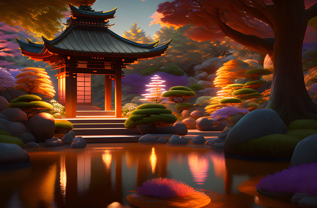 Traditional Japanese pagoda in serene animated scene