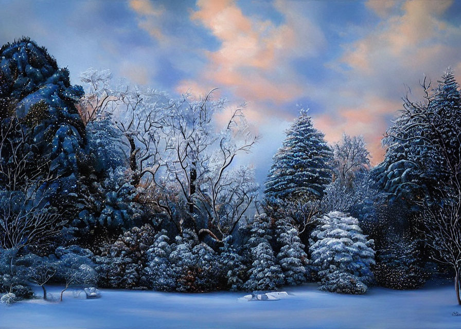 Winter landscape with snow-covered trees under twilight sky.