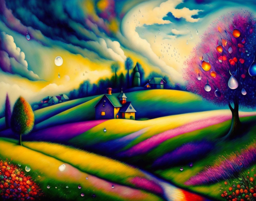 Colorful Whimsical Landscape with Rolling Hills and Giant Droplets