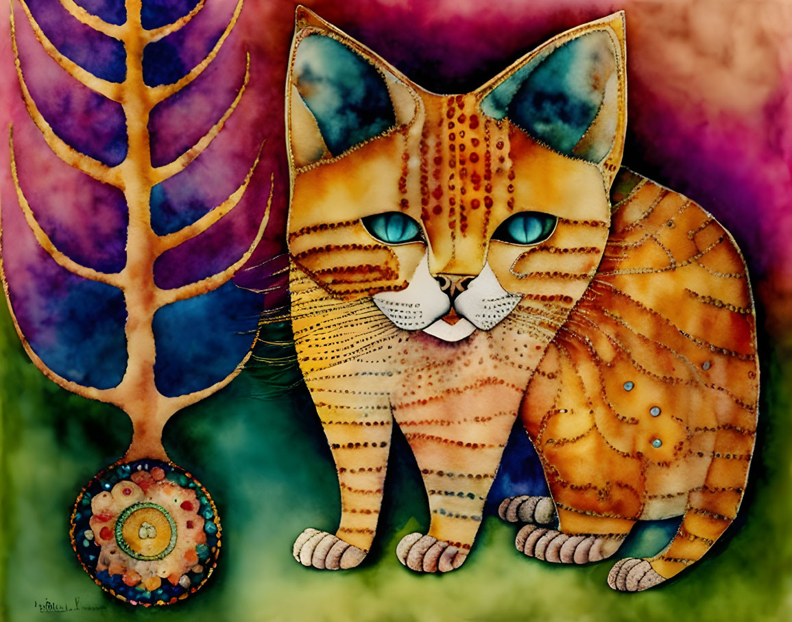 Colorful painting of an orange tabby cat beside a decorative leaf