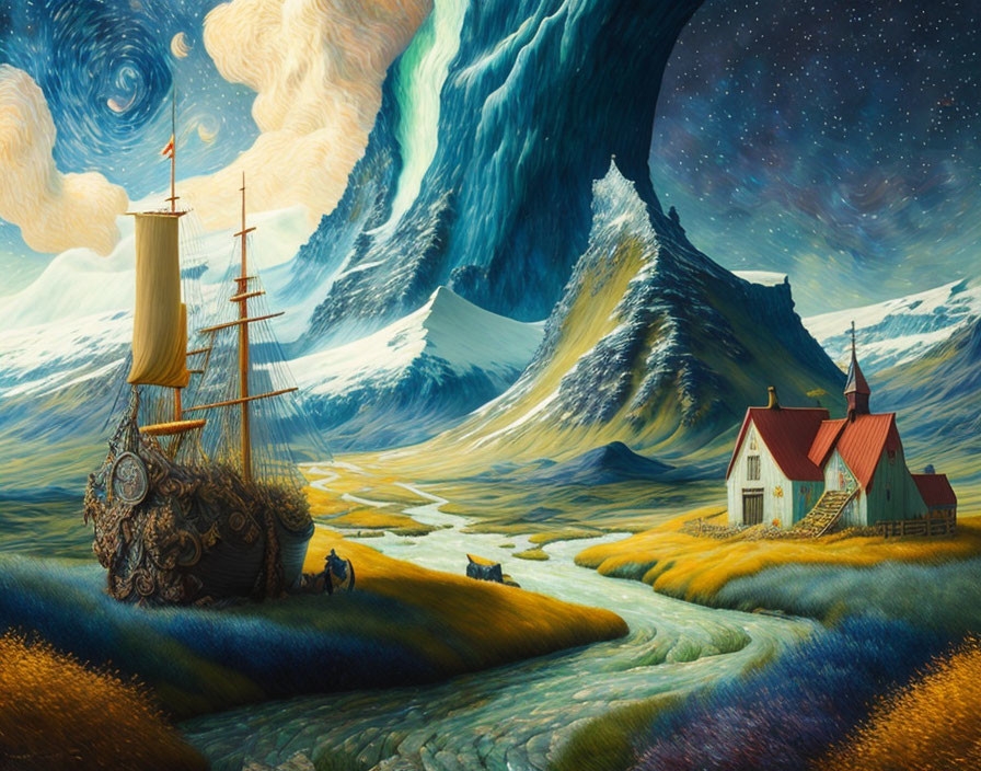 Surrealist landscape with ship, grassland, wave-like sky, house, person, and horse