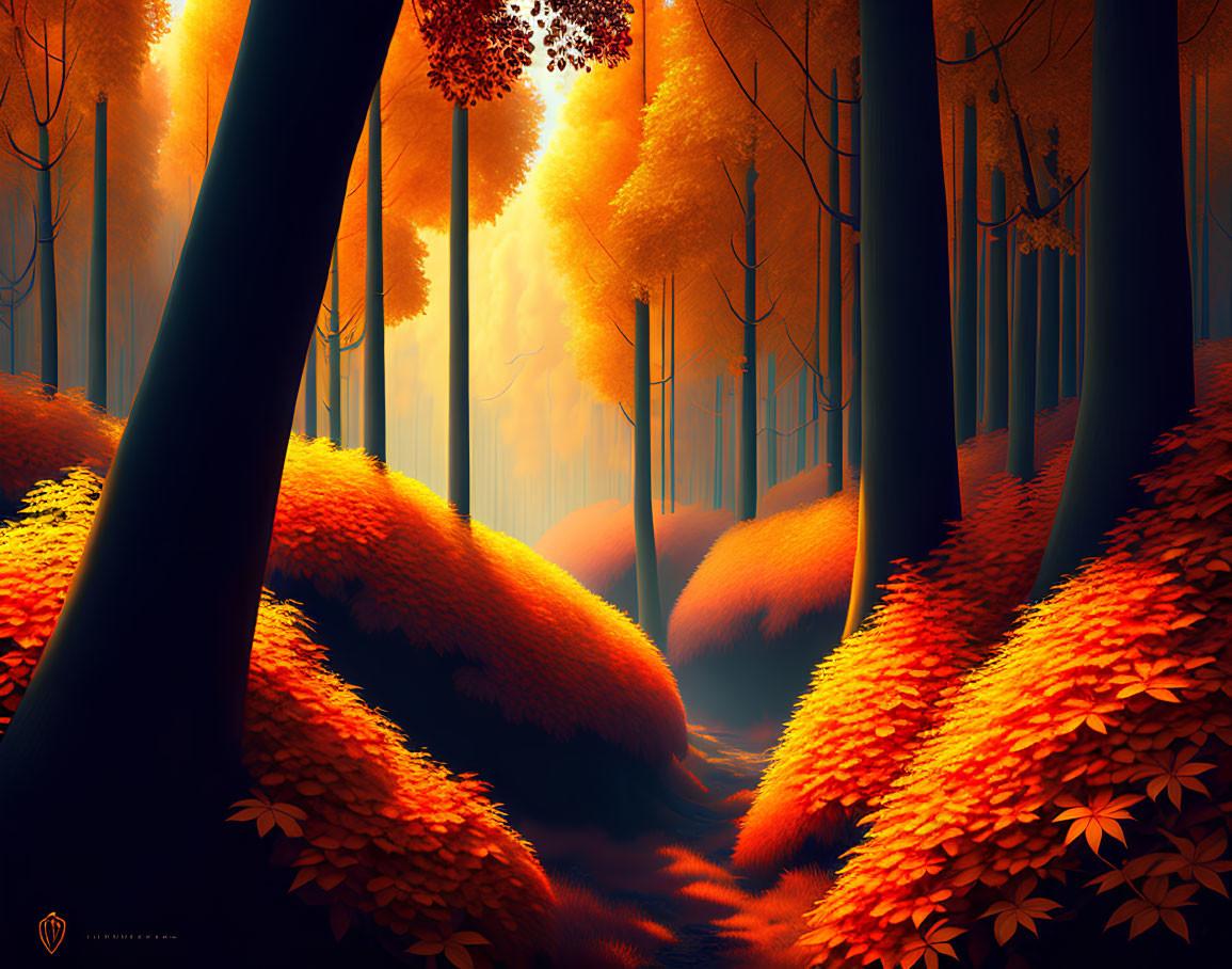 Vibrant autumn forest with orange leaves and sunlight filtering through foggy backdrop