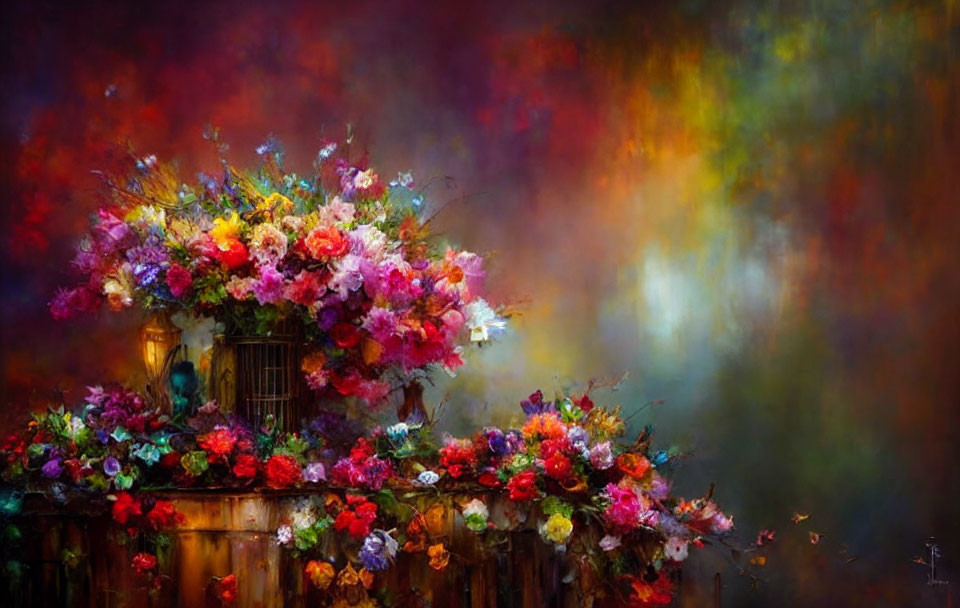 Colorful Flower Bouquet Painting on Wooden Ledge