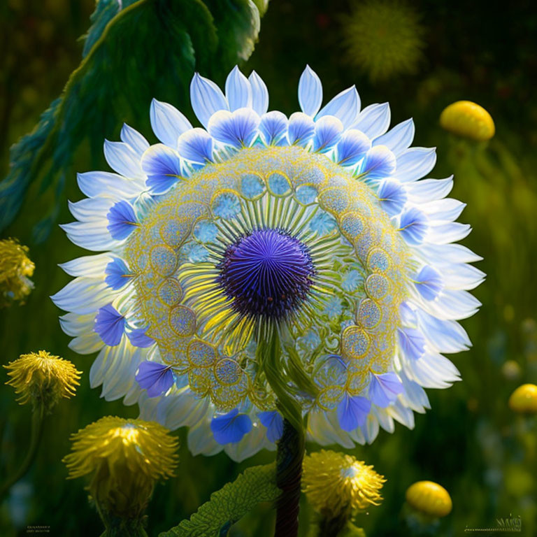 Detailed Blue and White Flower with Greenery and Yellow Blooms